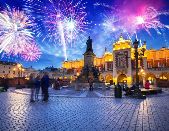 New Years firework display over the Main Square in Krakow, Poland