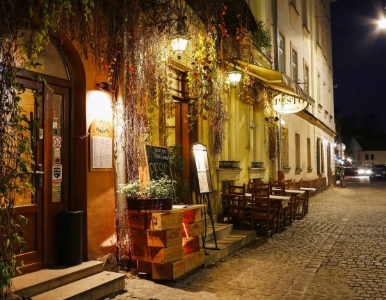 Autumn night in Kazimierz, former jewish quarter of Krakow, Poland