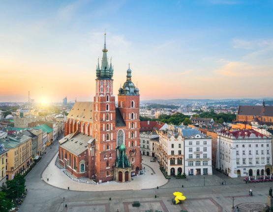 Krakow, Poland. Aerial view of St. Mary's Basilica (Bazylika Mariacka) on sunrise